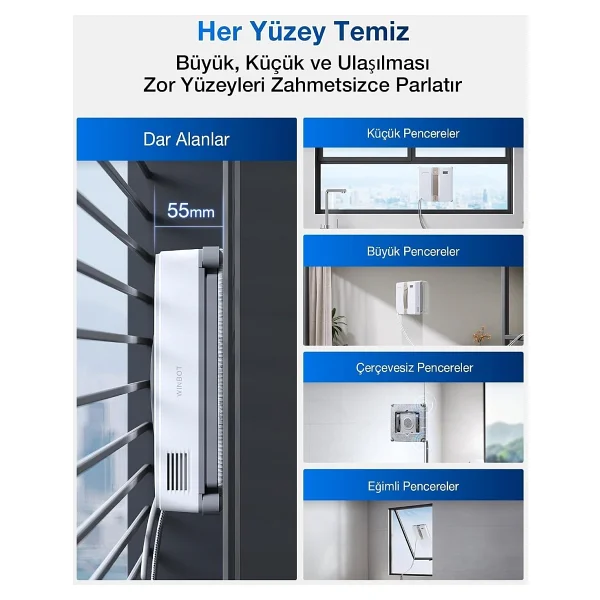 Ecovacs 7500PA Güçlü Emişli 4 Temizlik Modu ve Kaymaz Güvenlik Sistemli Mini Cam Silme Robotu, Çift Nozullu - Görsel 2