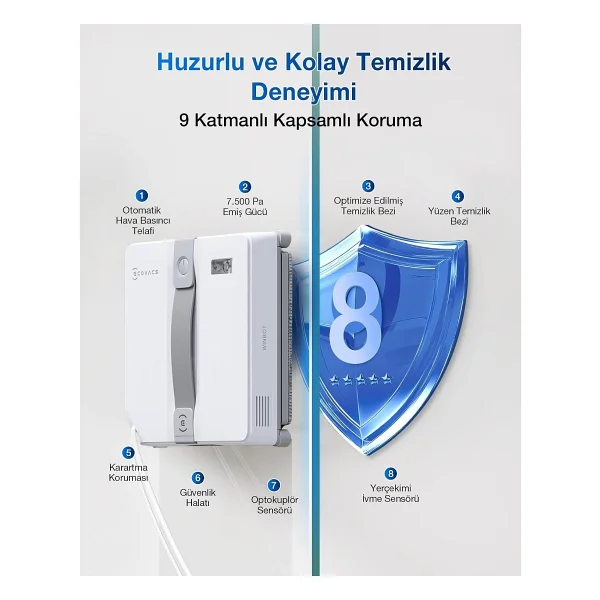 Ecovacs 7500PA Güçlü Emişli 4 Temizlik Modu ve Kaymaz Güvenlik Sistemli Mini Cam Silme Robotu, Çift Nozullu - Görsel 4