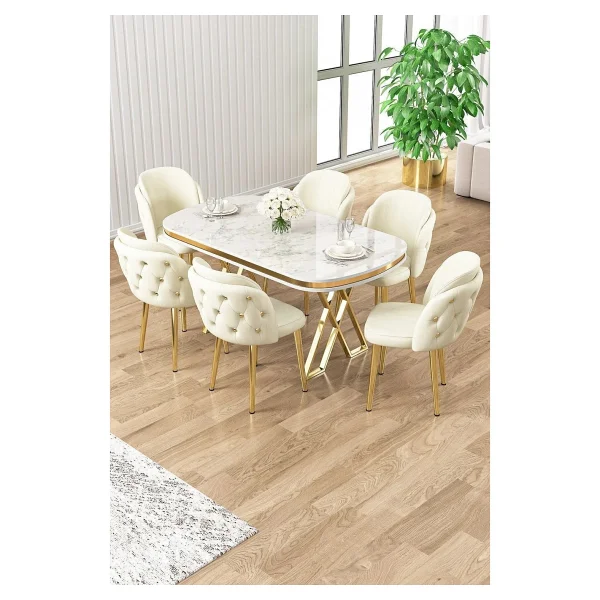 Canisa Zae Serisi 90x168 Lak Panel Beyaz Mermer Desen Gold Ayak Masa Takımı 6 Krem Sandalye - Görsel 7