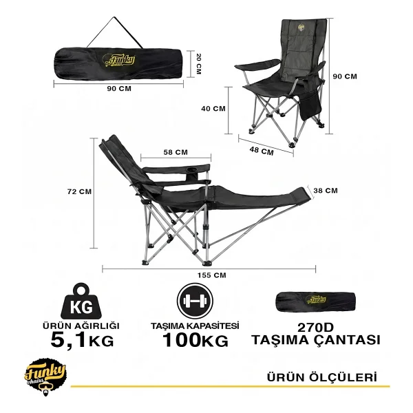 Funky Chairs Legend Plus Şemsiyeli Yatabilen Kamp Sandalyesi - Siyah - Görsel 5