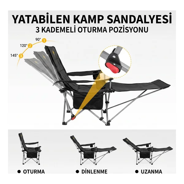 Funky Chairs Legend Plus Şemsiyeli Yatabilen Kamp Sandalyesi - Siyah - Görsel 6