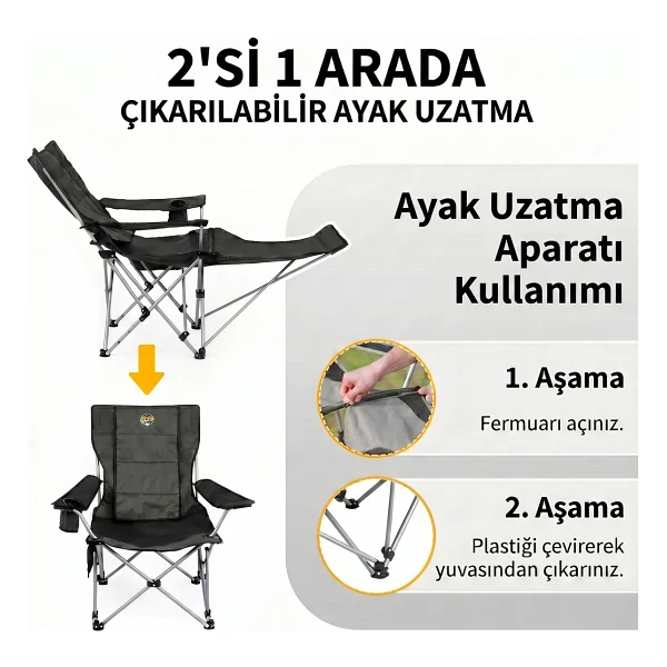 Funky Chairs Legend Plus Şemsiyeli Yatabilen Kamp Sandalyesi - Siyah - Görsel 7