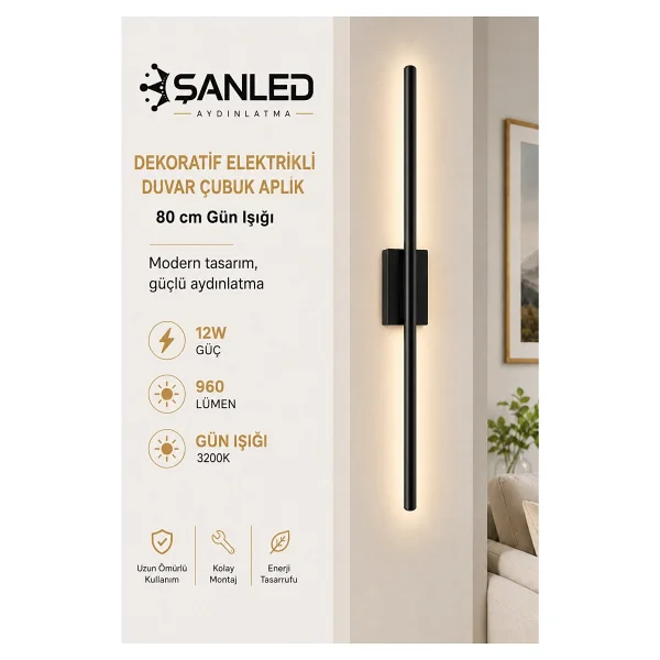 ŞANLED Dekoratif 12W İç Mekan Siyah Kasa Gün Işığı 80 cm Duvar Aplik Elektrikli 1 Adet - Görsel 7