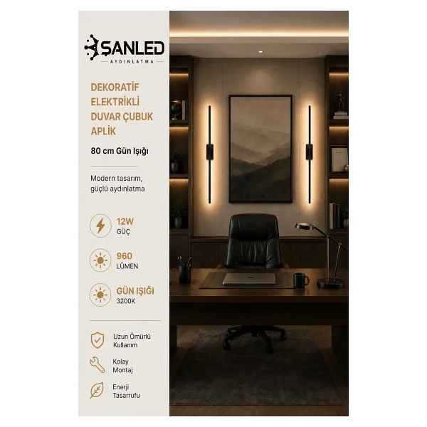 ŞANLED Dekoratif 12W İç Mekan Siyah Kasa Gün Işığı 80 cm Duvar Aplik Elektrikli 1 Adet - Görsel 2