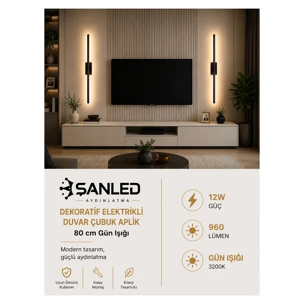 ŞANLED Dekoratif 12W İç Mekan Siyah Kasa Gün Işığı 80 cm Duvar Aplik Elektrikli 1 Adet - Görsel 4