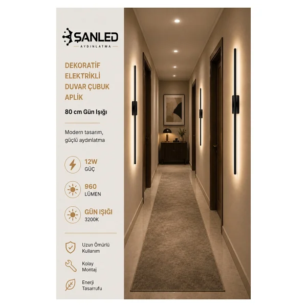 ŞANLED Dekoratif 12W İç Mekan Siyah Kasa Gün Işığı 80 cm Duvar Aplik Elektrikli 1 Adet - Görsel 5