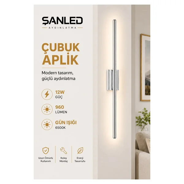 ŞANLED Dekoratif 12W İç Mekan Siyah Kasa Gün Işığı 80 cm Duvar Aplik Elektrikli 1 Adet - Görsel 8