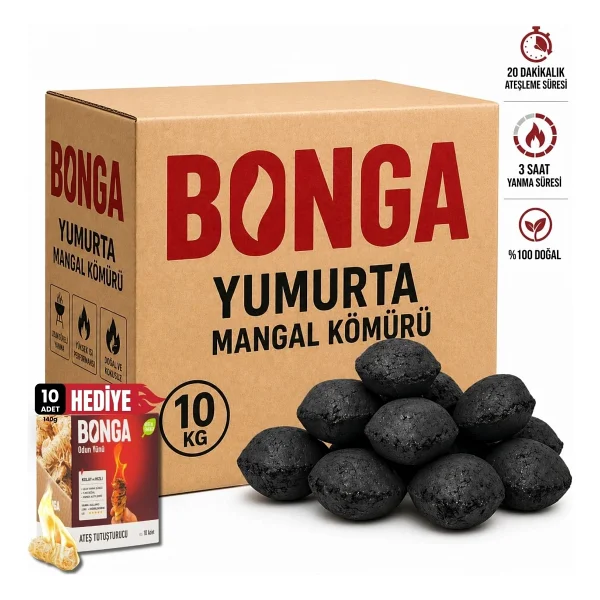 Briket Yumurta Kömür 10 kg + Hediye 10 Adet Bonga Kömür Tutuşturucu %100 Doğal Uzun Süre Yanan En iyi Sıkıştırılmış Barbekü Mangal Kömürü - Görsel 6