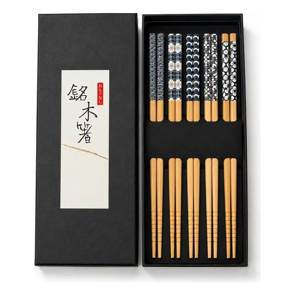 Valkyrie 5 Çift Doğal Ahşap Yemek Çubuğu Seti Japon Desenli Kaymaz Uçlu Kutulu 22,5cm Chopstick Seti - Görsel 9