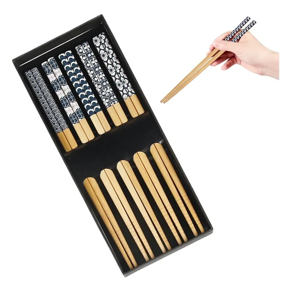 Valkyrie 5 Çift Doğal Ahşap Yemek Çubuğu Seti Japon Desenli Kaymaz Uçlu Kutulu 22,5cm Chopstick Seti - Görsel 2
