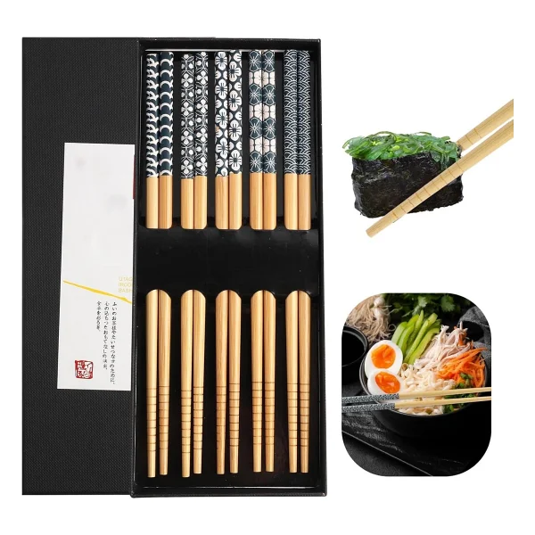 Valkyrie 5 Çift Doğal Ahşap Yemek Çubuğu Seti Japon Desenli Kaymaz Uçlu Kutulu 22,5cm Chopstick Seti - Görsel 3