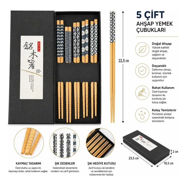 Valkyrie 5 Çift Doğal Ahşap Yemek Çubuğu Seti Japon Desenli Kaymaz Uçlu Kutulu 22,5cm Chopstick Seti - Görsel 4
