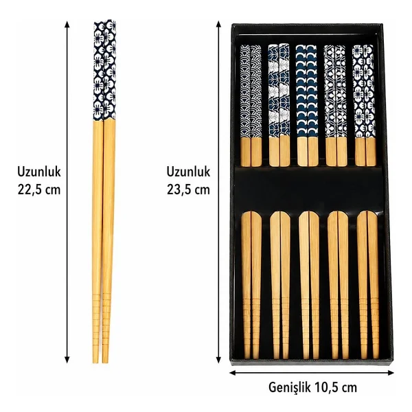 Valkyrie 5 Çift Doğal Ahşap Yemek Çubuğu Seti Japon Desenli Kaymaz Uçlu Kutulu 22,5cm Chopstick Seti - Görsel 5