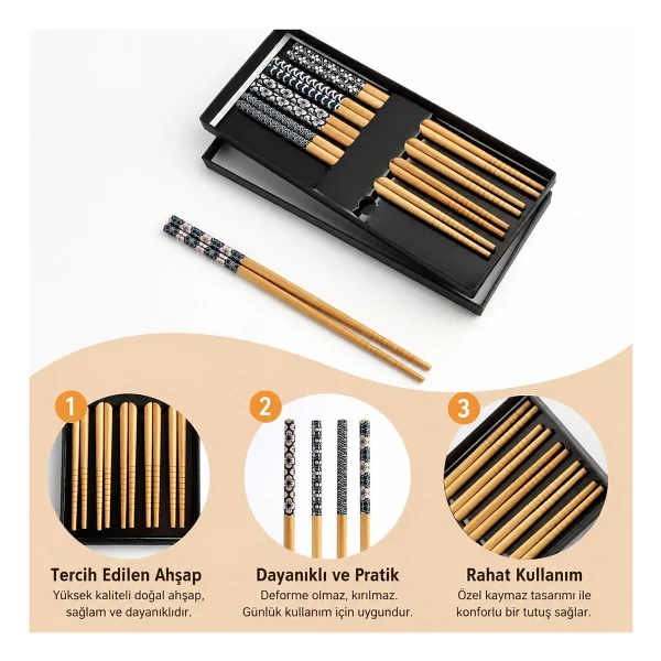 Valkyrie 5 Çift Doğal Ahşap Yemek Çubuğu Seti Japon Desenli Kaymaz Uçlu Kutulu 22,5cm Chopstick Seti - Görsel 6