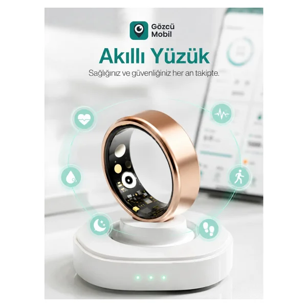 Gözcü Mobil Akıllı Yüzük Sağlık Egzersiz Takibi Adım Sayar Kalp Atışı Kan Basınç Oksijen Ölçer Su Takibi Adet Döngüsü Uyku Takibi Cihazı Suya Dayanıklı - Altın - 10 - Görsel 8
