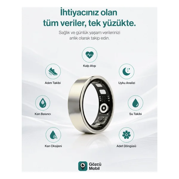 Gözcü Mobil Akıllı Yüzük Sağlık Egzersiz Takibi Adım Sayar Kalp Atışı Kan Basınç Oksijen Ölçer Su Takibi Adet Döngüsü Uyku Takibi Cihazı Suya Dayanıklı - Altın - 10 - Görsel 2