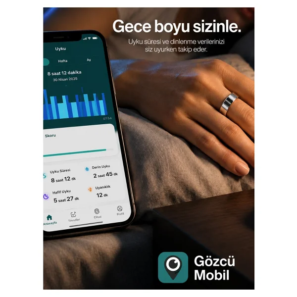 Gözcü Mobil Akıllı Yüzük Sağlık Egzersiz Takibi Adım Sayar Kalp Atışı Kan Basınç Oksijen Ölçer Su Takibi Adet Döngüsü Uyku Takibi Cihazı Suya Dayanıklı - Altın - 10 - Görsel 5