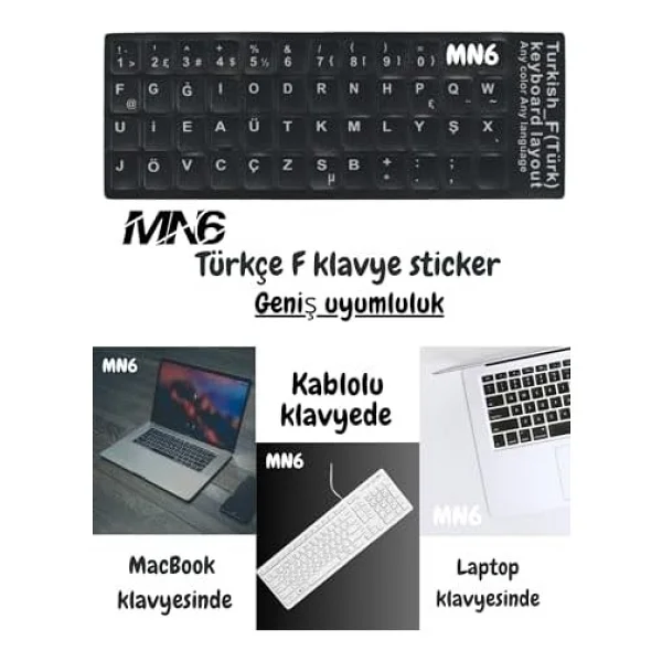 MN6 MF01 F Klavye Sticker/3 Adet-Laptop PC Uymlu-Silinmez/Türkçe F Klavye Sticker (3) - Görsel 3