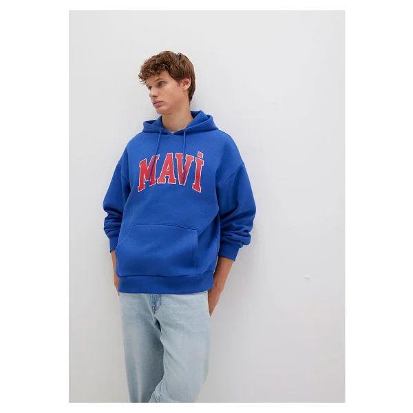 Mavi Logo Baskılı 067149-70907 Kapüşonlu Mavi Erkek Oversize Sweatshirt - Görsel 9