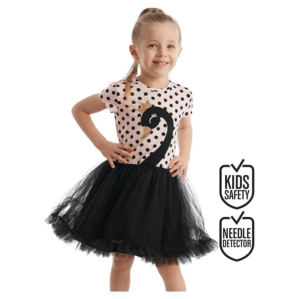 Denokids Kiz Cocuk Siyah Elbise Tüllü Tütü Elbise Abiye Puantiye Elbise - 7 Yaş - Pembe - Siyah - Görsel 9