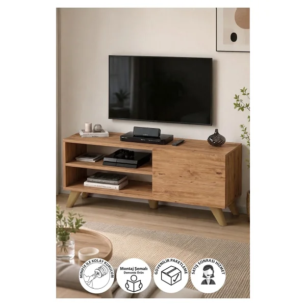 Bofigo Tv Sehpası Kapaklı Tv Sehpası Raflı Tv Ünitesi Televizyon Sehpası 100 x 35 cm Malta Çam - Görsel 8