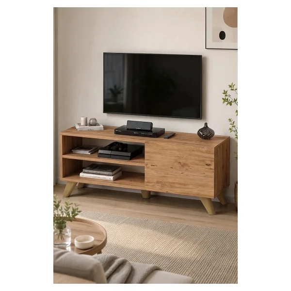 Bofigo Tv Sehpası Kapaklı Tv Sehpası Raflı Tv Ünitesi Televizyon Sehpası 100 x 35 cm Malta Çam - Görsel 5