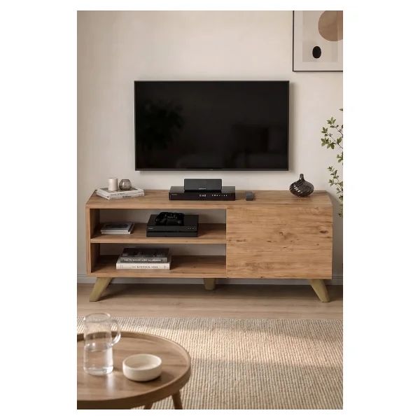 Bofigo Tv Sehpası Kapaklı Tv Sehpası Raflı Tv Ünitesi Televizyon Sehpası 100 x 35 cm Malta Çam - Görsel 6