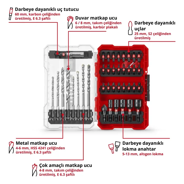 Orijinal Einhell M-CASE 39 Parça Matkap Uç Seti (25 mm bitler, metal delme uçları, çok yönlü delme uçları, 60 mm bit tutucu, lokma adaptörü, havşa ucu ve saklama kutusu dahil) - 49108763 - Görsel 3