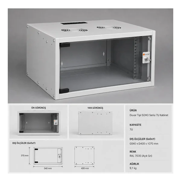 Kastap 7u 19'' Soho Rack Kabinet (açık gri) Boyut: 570x400x370 mm - Görsel 2