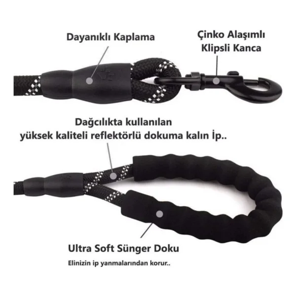 Köpekler İçin Gezdirme Tasması Reflektörlü 130 Cm Halat Orta Ve Büyük Boy Köpekler İçin Siyah - Görsel 9