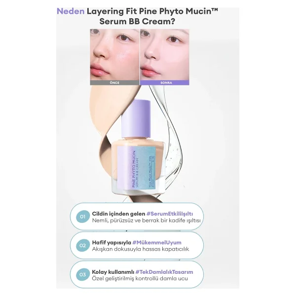 Kadife Bitişli Serum BB MISSHA Layering Fit Pine Phyto Mucin Serum BB Cream SPF50+ PA++++ (Cocoon) - Görsel 3