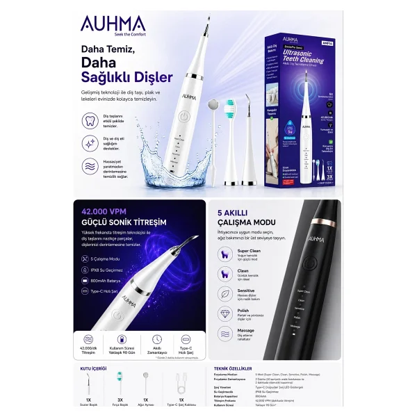 Ultrasonic Şarjlı Elektrikli Akıllı Diş Temizleme Cihazı Beyazlatıcı 5 Mod 3+1 Başlık, Ipx8 Su Geçirmez Siyah - Görsel 2