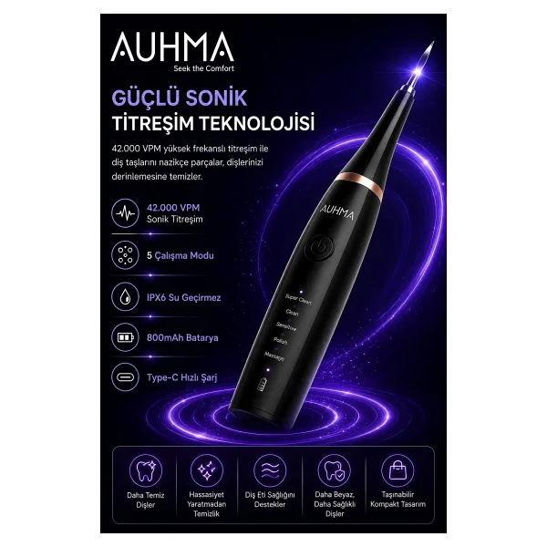 Ultrasonic Şarjlı Elektrikli Akıllı Diş Temizleme Cihazı Beyazlatıcı 5 Mod 3+1 Başlık, Ipx8 Su Geçirmez Siyah - Görsel 4