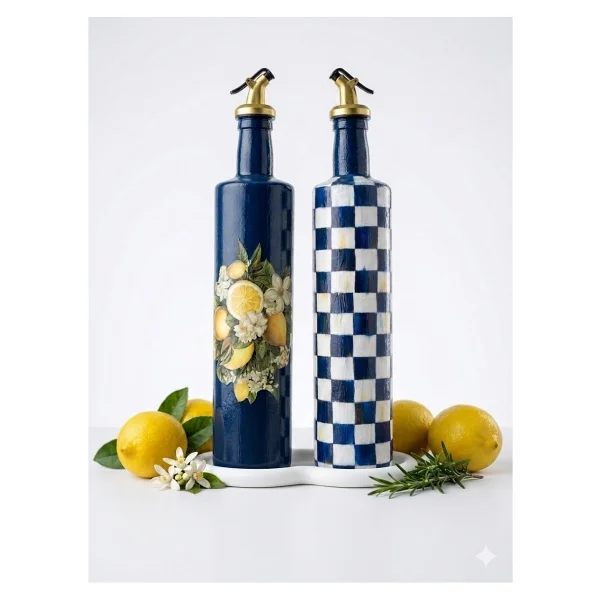 Mes Reves Büyük boy 2'li Cam Yağdanlık Sirkelik Seti 750 ml - El Yapımı Limon Ve Damalı Desenli Lacivert Set - Görsel 6