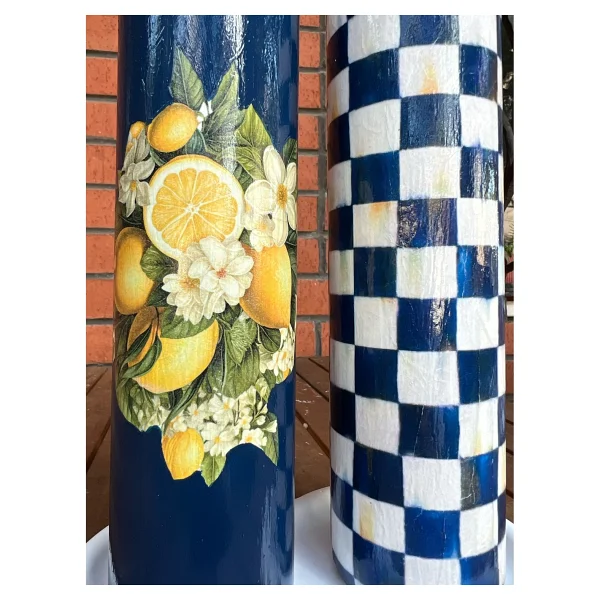 Mes Reves Büyük boy 2'li Cam Yağdanlık Sirkelik Seti 750 ml - El Yapımı Limon Ve Damalı Desenli Lacivert Set - Görsel 3
