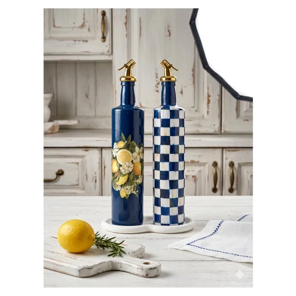 Mes Reves Büyük boy 2'li Cam Yağdanlık Sirkelik Seti 750 ml - El Yapımı Limon Ve Damalı Desenli Lacivert Set - Görsel 4