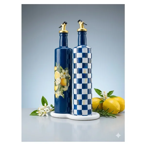 Mes Reves Büyük boy 2'li Cam Yağdanlık Sirkelik Seti 750 ml - El Yapımı Limon Ve Damalı Desenli Lacivert Set - Görsel 5