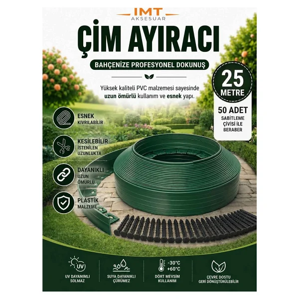 İMT AKSESUAR Esnek PVC Çim Ayırıcı Bahçe Peysaj Düzenleyici (25 Metre Beyaz) Çim Sınırlayıcı Esnek Plastik Taş Toprak Ayraç Bariyer Peyzaj Bordürü - Görsel 10