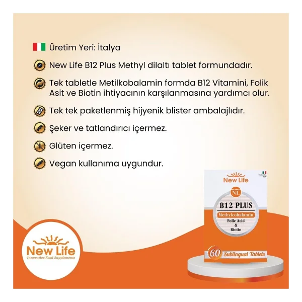 NewLife B12 PLUS Methylcobalamin Folik Asit Biotin - Görsel 3