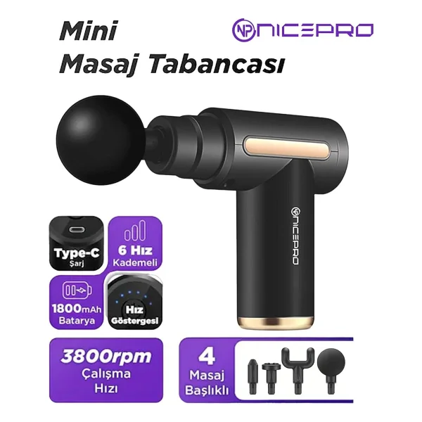 Npo Nmj6 4 Masaj Başlıklı 6 Seviyeli 3800RPM Type-C Taşınabilir Profesyonel Mini Masaj Tabancas - Çok Renkli - Görsel 2