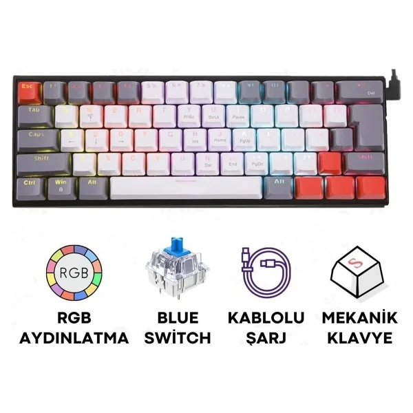 Torima TK-11 RGB TKL Blue Switch Kablolu/Kablosuz Mekanik Oyuncu Klavyesi - Görsel 5