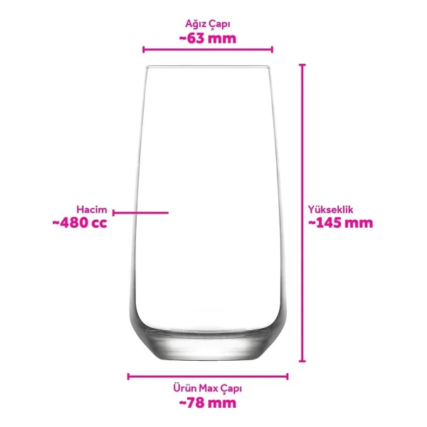 Lav Lal Cam Meşrubat Bardağı 6'lı 480 ml (Büyük Su/Kokteyl Bardağı ) - Görsel 5