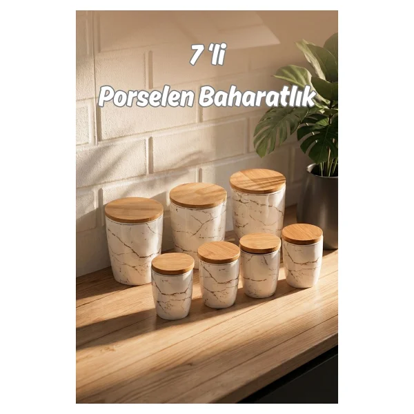 Porsima PXM2673-7/S Marble 7 Parça Bambu Vakum Kapaklı Porselen Baharat Takımı Baharatlık Seti - Görsel 5
