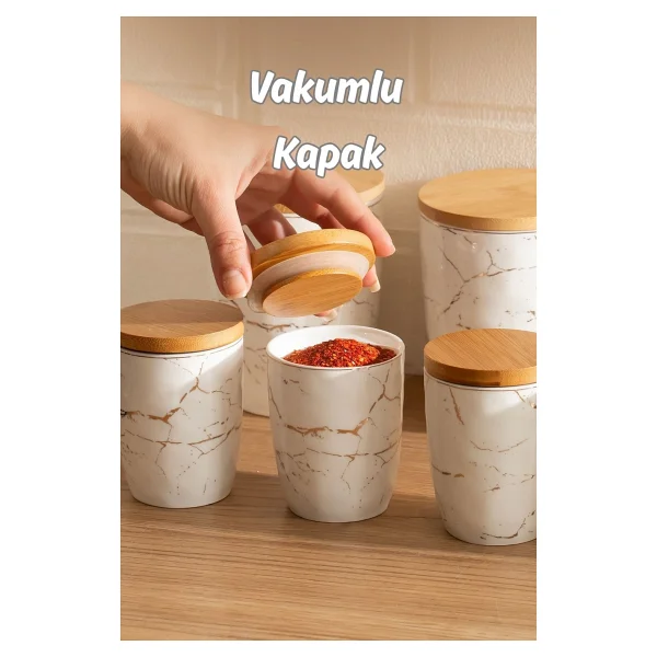 Porsima PXM2673-7/S Marble 7 Parça Bambu Vakum Kapaklı Porselen Baharat Takımı Baharatlık Seti - Görsel 2