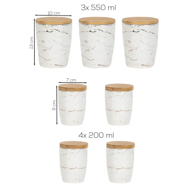 Porsima PXM2673-7/S Marble 7 Parça Bambu Vakum Kapaklı Porselen Baharat Takımı Baharatlık Seti - Görsel 4