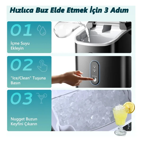 Euhomy Nugget (Granül) Taşınabilir Buz Makinesi, Otomatik Temizleme, Hızlı Buz Yapma, IM002 - Siyah - Görsel 5