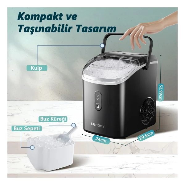 Euhomy Nugget (Granül) Taşınabilir Buz Makinesi, Otomatik Temizleme, Hızlı Buz Yapma, IM002 - Siyah - Görsel 6