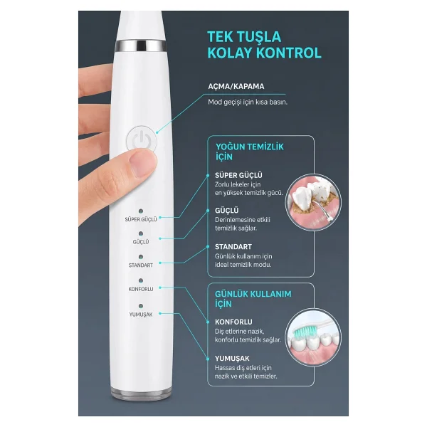 Exenar Diş Taşı Temizleme Cihazı Şarjlı Diş Fırçası Sonik Ultrasonik Akıllı Diş Taşı Temizleyici 5 Mod Ipx8 - Siyah - Görsel 2