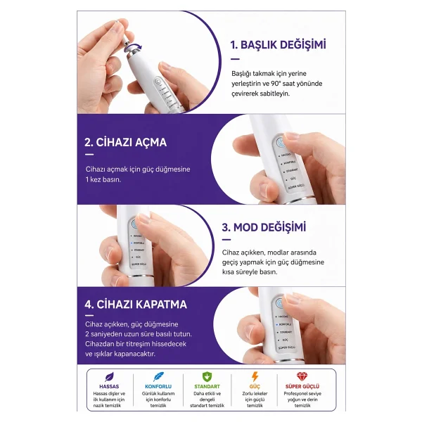 Exenar Diş Taşı Temizleme Cihazı Şarjlı Diş Fırçası Sonik Ultrasonik Akıllı Diş Taşı Temizleyici 5 Mod Ipx8 - Siyah - Görsel 4