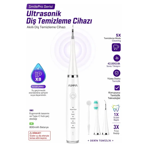 Exenar Diş Taşı Temizleme Cihazı Şarjlı Diş Fırçası Sonik Ultrasonik Akıllı Diş Taşı Temizleyici 5 Mod Ipx8 - Siyah - Görsel 7